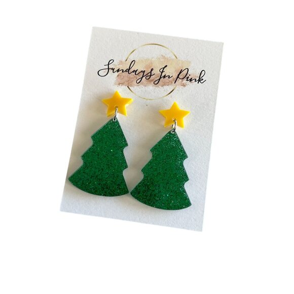 CHRISTMAS Tree Glitter Holiday Drop Earrings NEW - Picture 2 of 3
